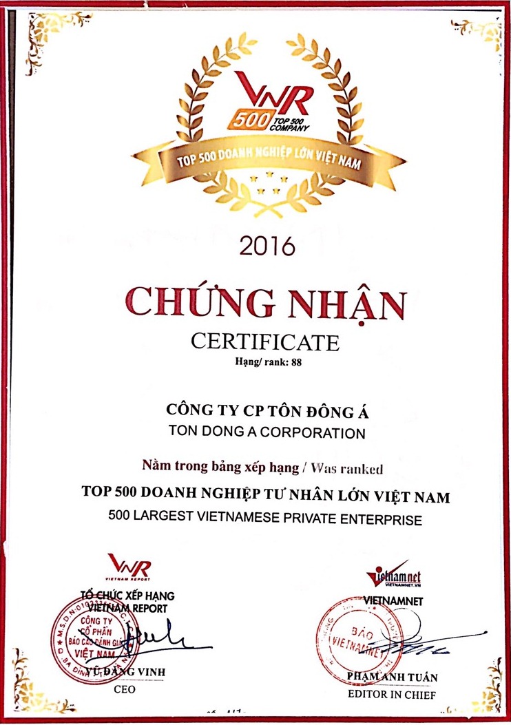 Chứng nhận Top 500 Doanh nghiệp Tư nhân lớn Việt Nam 2016