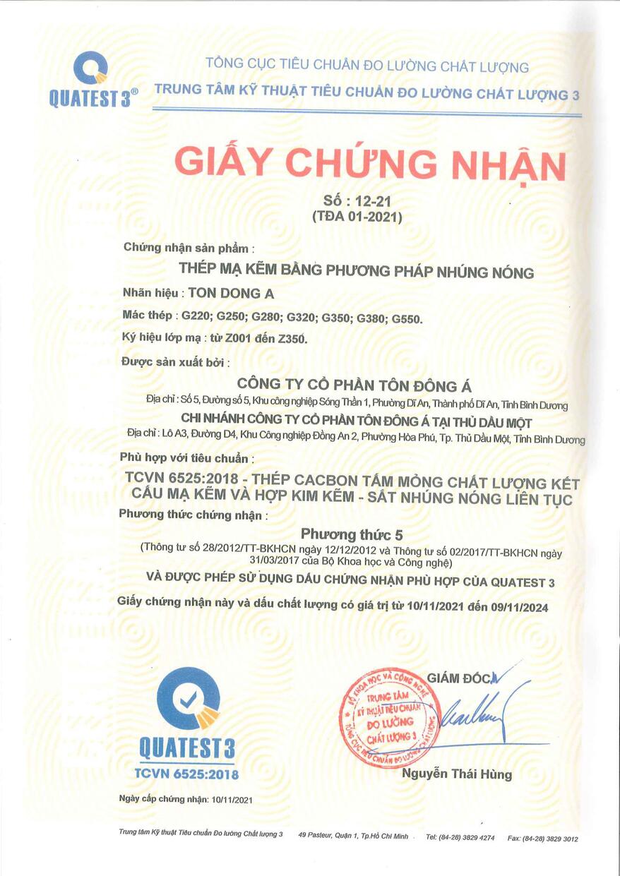 Chứng nhận Thép mạ kẽm bằng phương pháp nhúng nóng - Tiêu chuẩn Việt Nam (TCVN 6525: 2018)
