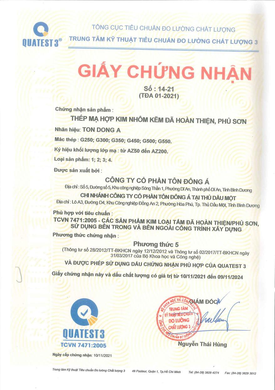 Chứng nhận Thép mạ hợp kim nhôm kẽm hoàn thiện phủ sơn - Tiêu chuẩn Việt Nam (TCVN 7471: 2005)